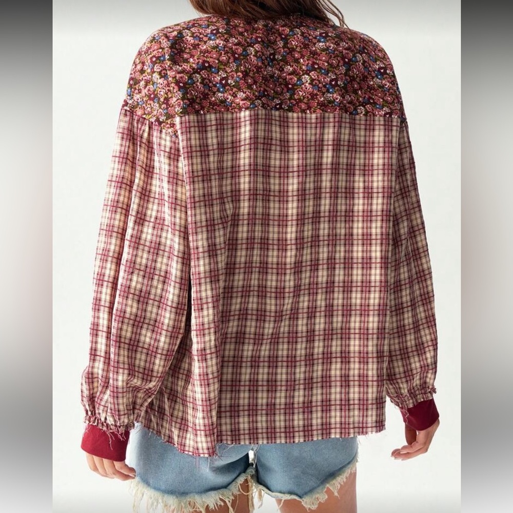Red And Plaid Patchwork Blouse - image 5